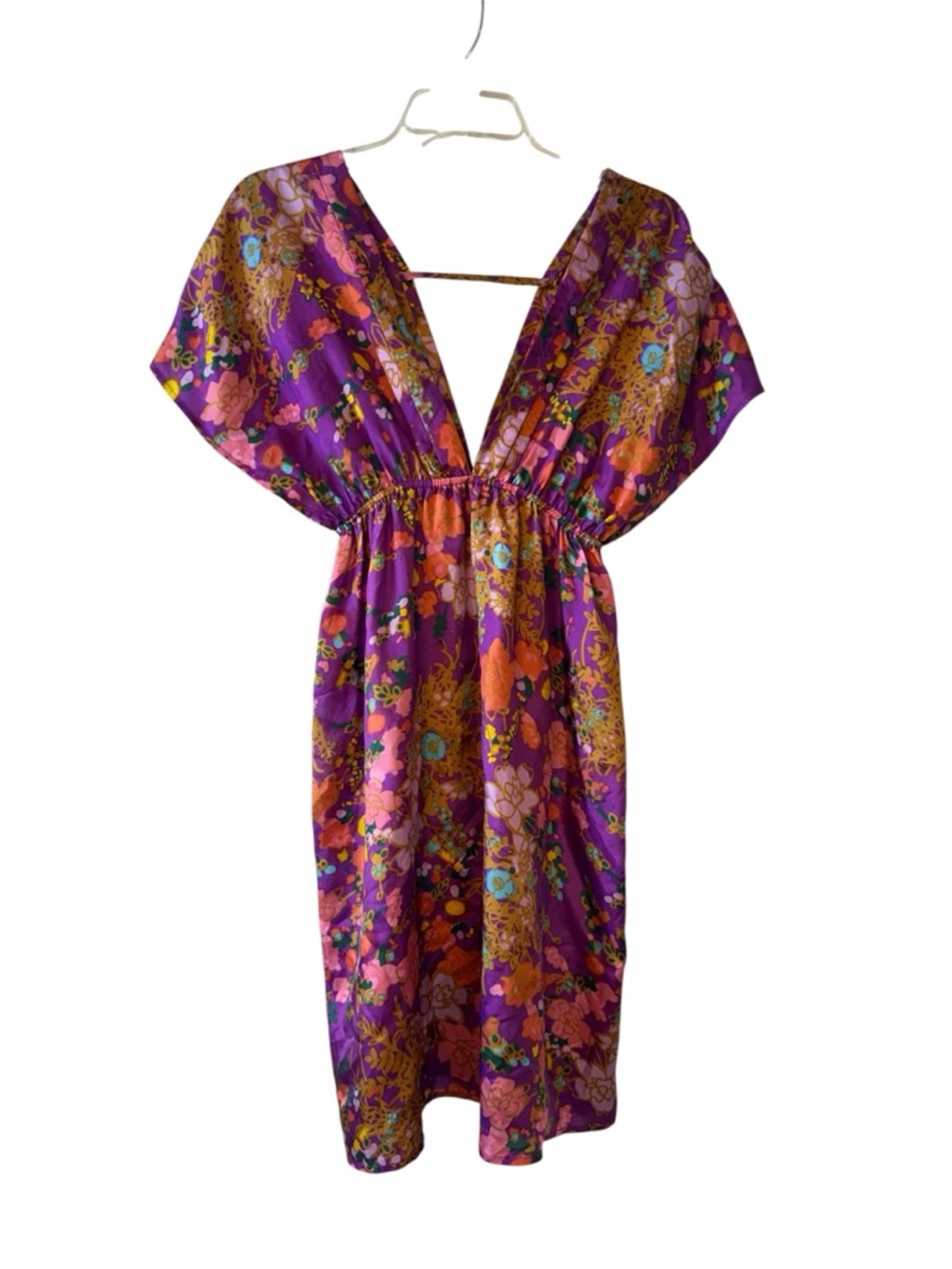 Jenny Han 100% Silk Floral Kimono V-Neck‎ & Back Tunic Dress 36” Long Size S